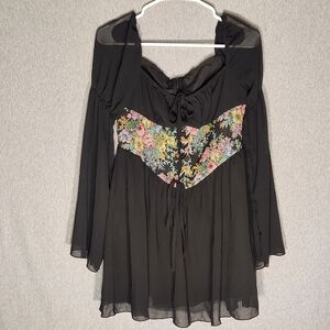 Floral Embroidered Black Women's Top